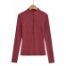 Half open collar single row buckle slim fit long sleeved top