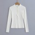 Half open collar single row buckle slim fit long sleeved top