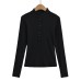 Half open collar single row buckle slim fit long sleeved top