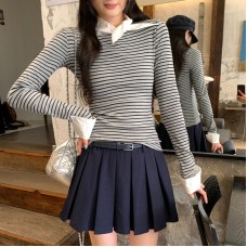 Elegant Stripe Mock Neck Tie-Front Long Sleeve Inner Top for Women