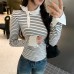 Elegant Stripe Mock Neck Tie-Front Long Sleeve Inner Top for Women