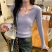 Elegant High-Intellect Purple V-Neck Knit Top for Women, Slim Fit,  Long Sleeve, Casual Wear