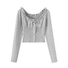 Drawstring strap button waist cinching long sleeved top