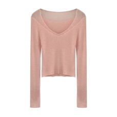 Tweed-Style Sheer Lace Trim V-Neck Lightweight Long Sleeve Inner Knit Top