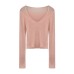 Tweed-Style Sheer Lace Trim V-Neck Lightweight Long Sleeve Inner Knit Top