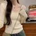 Tweed-Style Sheer Lace Trim V-Neck Lightweight Long Sleeve Inner Knit Top