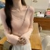 Tweed-Style Sheer Lace Trim V-Neck Lightweight Long Sleeve Inner Knit Top