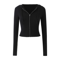 Elastic slim fit drawstring hooded zipper top