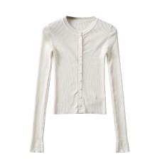 Round neck buckle long sleeved elastic slim fit top