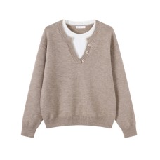 Chic Color-Blocking Two-Piece Look Long Sleeve Knit Top for Women