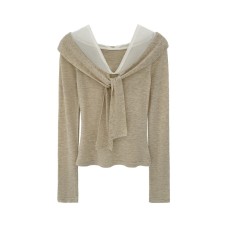 One-Shoulder Mesh Spliced Knotted Knit Top for Women