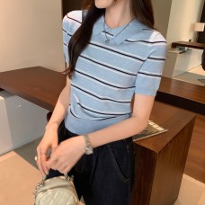 Polo Neck Striped Short Sleeve Knit Top Women Polo Neck Striped Short Sleeve Knit Top Women