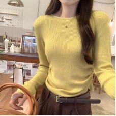 Solid Color Drawstring Long Sleeve Unique Knit Base Layer Women's Slim Fit Design Top