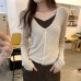 Faux Two-Piece Spliced V-Neck Knit Top for Women, Slimming Youthful Look