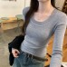 Solid Color Slim Fit Knitted Crewneck Wool Top for Women, Elegant Inner Layer