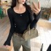 Square Neck Flared Sleeve Fitted Knit Top for Women