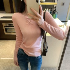 Pink Hollow-Out Bow Knit Top for Women Slim Fit Long Sleeve Inner Wear Pink Hollow-Out Bow Knit Top for Women Slim Fit Long Sleeve Inner Wear