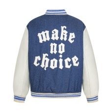 Color blocked denim baseball jersey