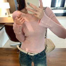 Soft Color Sweet Style Pink U-Neck Knit Top for Women