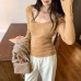 Soft Color Sweet Style Pink U-Neck Knit Top for Women
