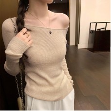 One Shoulder Off-Shoulder Lightweight Split Back Knit Long Sleeve Top for Women One Shoulder Off-Shoulder Lightweight Split Back Knit Long Sleeve Top for Women