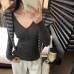 Elegant V-Neck Knit Top for Women, Slim Fit, Mature Look, Long Sleeve
