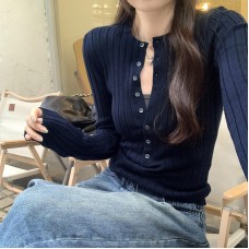 Chic Knit Crop Top for Women, Half-Open Neckline, Slim Fit, Long Sleeve