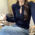 Chic Knit Crop Top for Women, Half-Open Neckline, Slim Fit, Long Sleeve