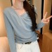 Chic V-Neck Twisted Pleated Asymmetrical Long Sleeve Knit Top for Women