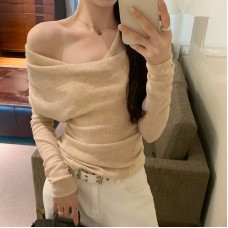 gentle off-the-shoulder drape neckline sheer fitted long sleeve knit top for women