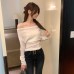 gentle off-the-shoulder drape neckline sheer fitted long sleeve knit top for women gentle off-the-shoulder drape neckline sheer fitted long sleeve knit top for women