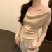 gentle off-the-shoulder drape neckline sheer fitted long sleeve knit top for women gentle off-the-shoulder drape neckline sheer fitted long sleeve knit top for women