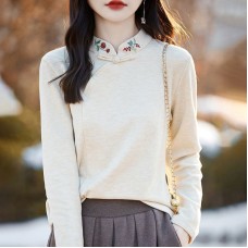 Autumn and Winter New Style Double-Sided Velvet Women's Embroidered Printed Loose Slim-Fitting Base Layer, Chinese-Style Standing Collar Top