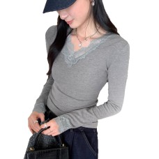 Lace Spliced V-Neck White Inner Layer Top for Women