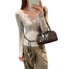Vintage Mixed Color Half-Open Neck Long Sleeve Knitwear for Women