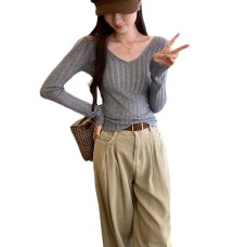 Style Regular Shoulder V-Neck Long Sleeve Knit Top for Women, Hollow-Out Sheer Fit