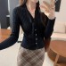 Gentle Style Youthful V-Neck Slim Fit Long Sleeve Knit Top for Women