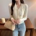 Gentle Style Youthful V-Neck Slim Fit Long Sleeve Knit Top for Women