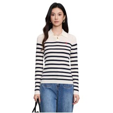 Color blocked striped polo collar lapel top for women Color blocked striped polo collar lapel top for women