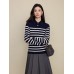 Color blocked striped polo collar lapel top for women
