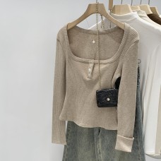 Soft Knit Bodycon Top for Women, Square Neck, Elastic Fit, Long Sleeve