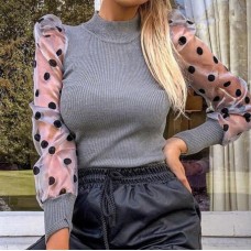 Style Polka Dot Bubble Sleeve Vertical Stripe Top