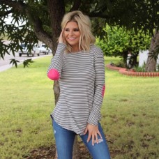 Floral Style Stripe Round Neck Slim Fit Sleeve Splicing Women's Top