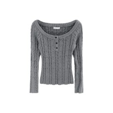 Cable Knit Off-Shoulder Grey Knitwear Top for Women, Long Sleeve