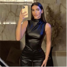 Women's Leather High Neck Unique Fitted Asymmetrical Sleeveless Top