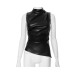 Women's Leather High Neck Unique Fitted Asymmetrical Sleeveless Top