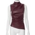 Women's Leather High Neck Unique Fitted Asymmetrical Sleeveless Top