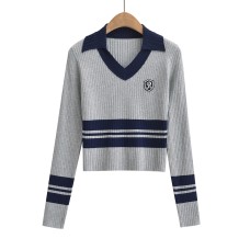 Striped V-neck long sleeved top