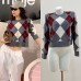 French Grid Rhinestone Decorated Round Neck Short Knit Top for Women