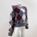 French Grid Rhinestone Decorated Round Neck Short Knit Top for Women